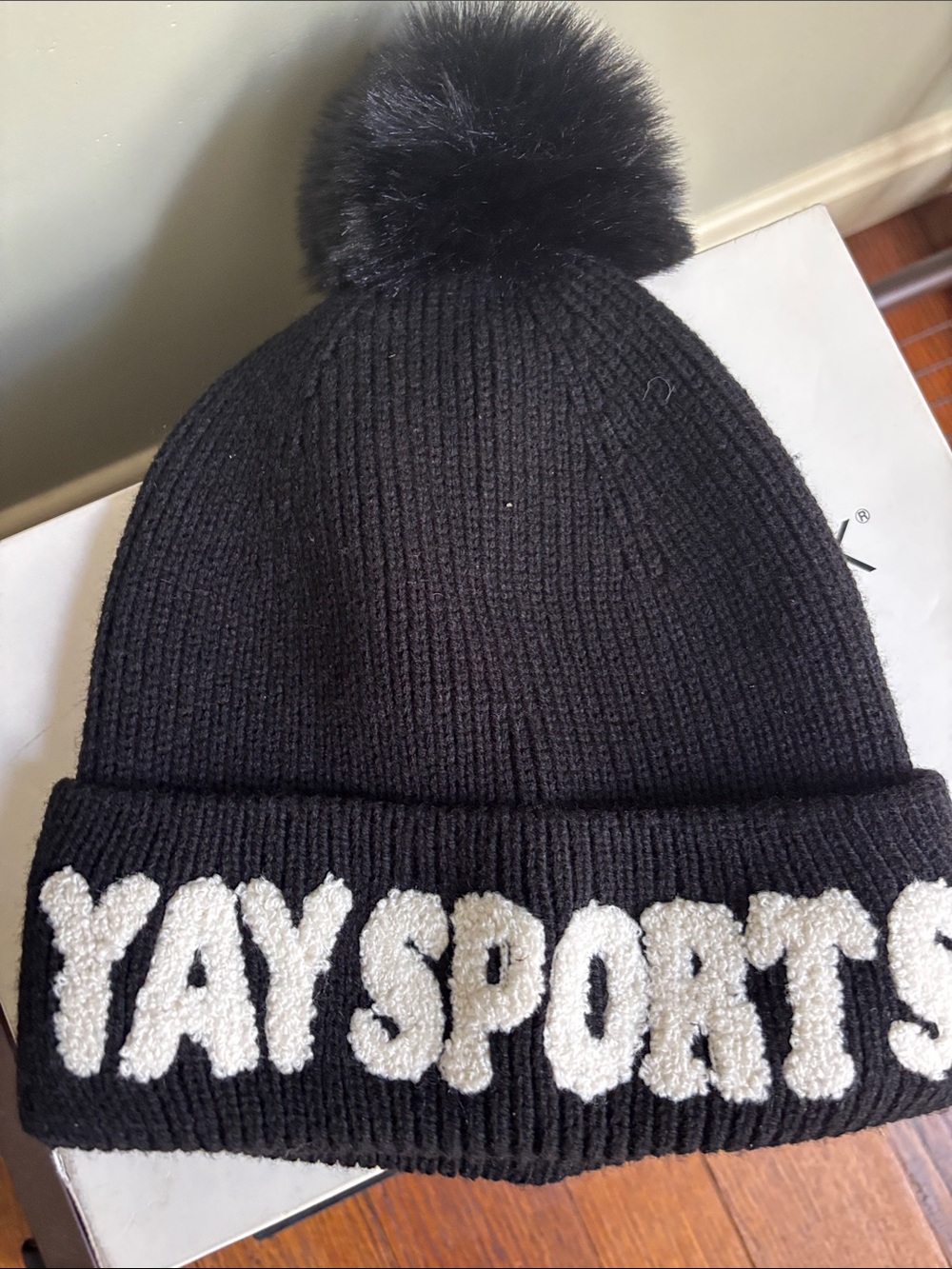 Black Pom Pom Beanie with Sherpa Lettering